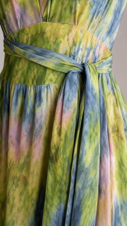Close-up of the fabric tie waist detail on the green tie-dye jumpsuit
