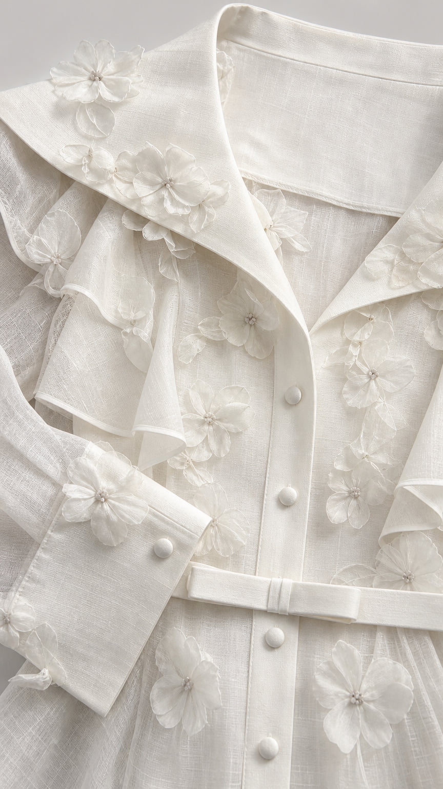 Close-up of white dress fabric, collar, and floral details