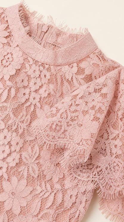 Close-up detail of blush pink floral eyelash lace fabric and neckline