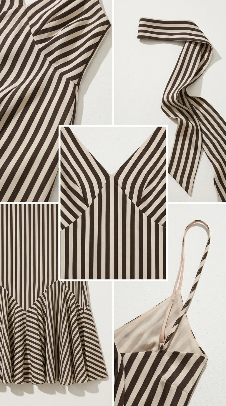 Close-up details of striped fabric, V-neckline, straps, and ruffled hem construction