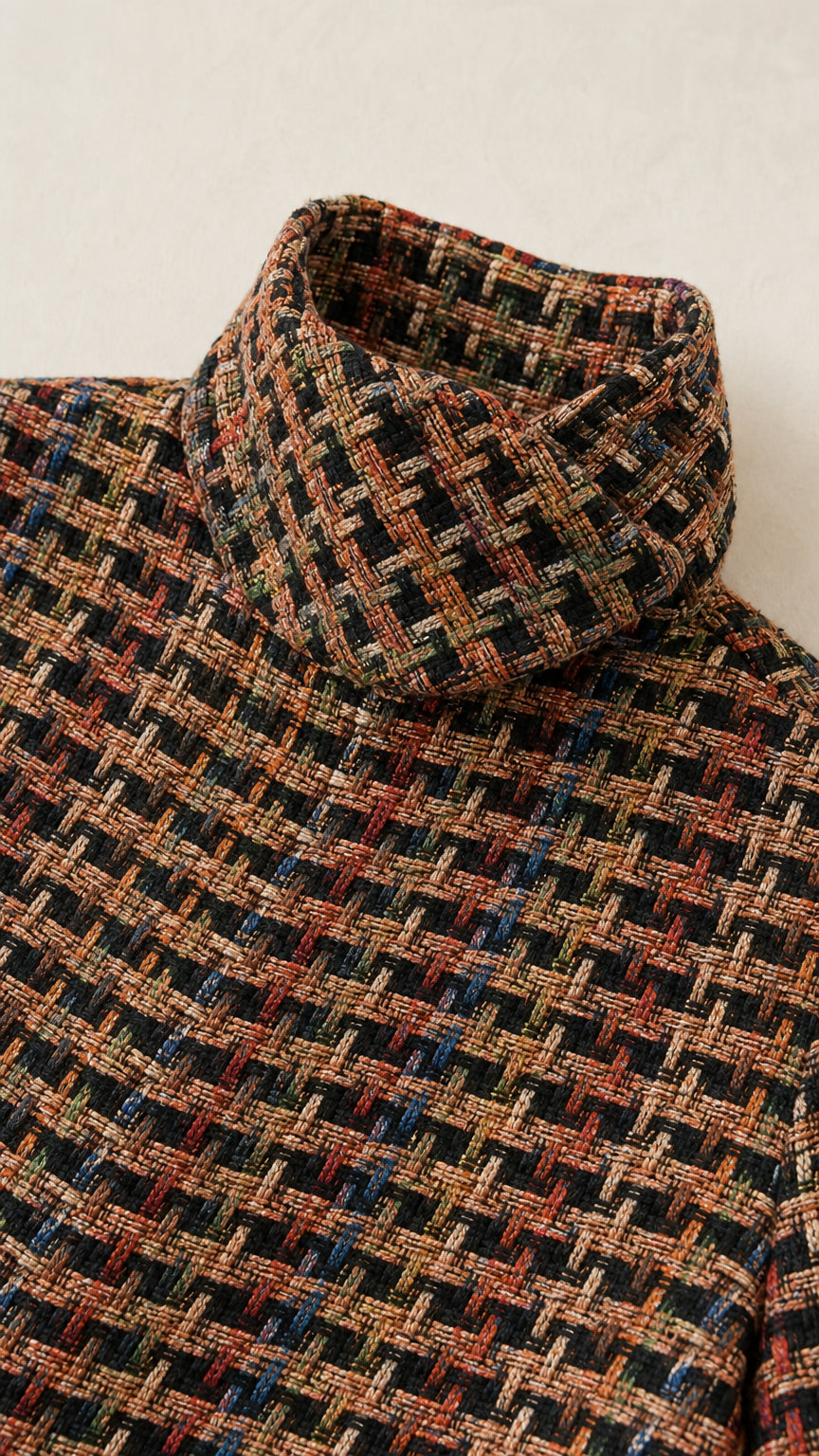 Close-up detail of high funnel collar in multi-color woven textured tweed fabric