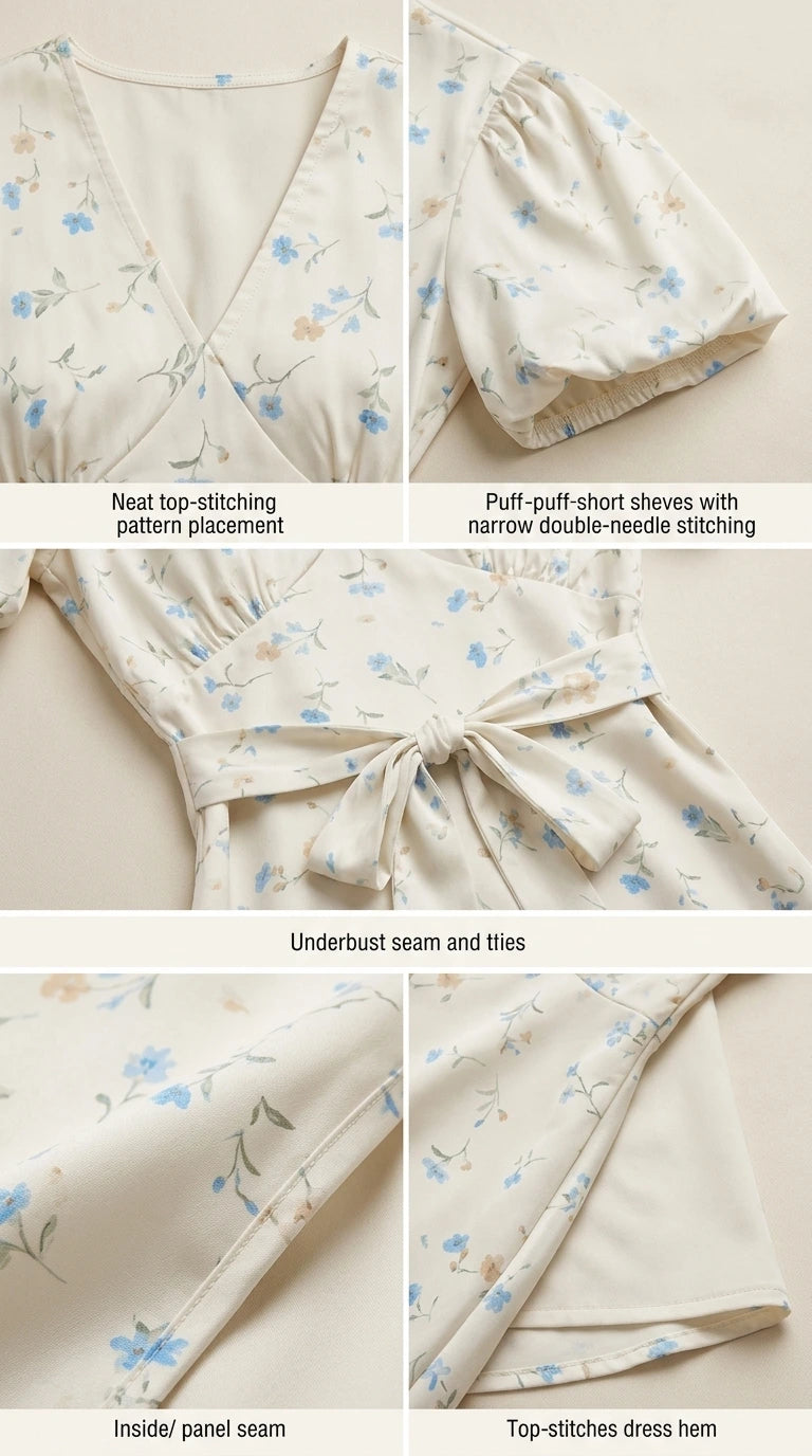 Close-up details of neckline, sleeves, and seams