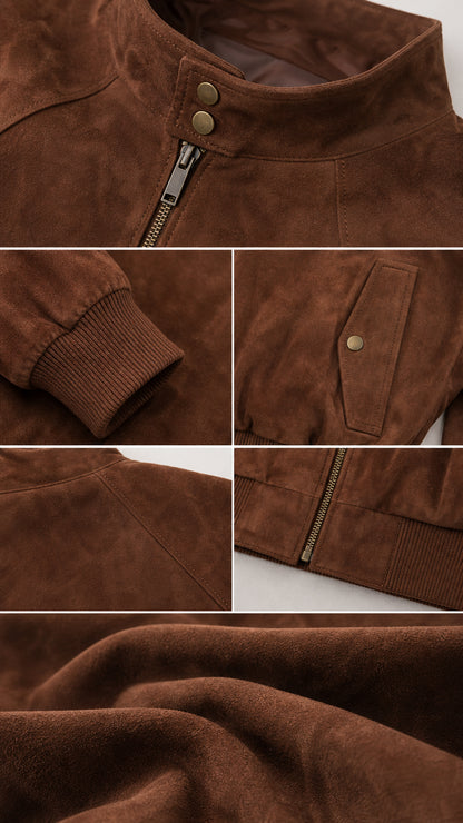 Close-up detail shots showing stand collar, zipper, ribbed cuff, pocket, and fabric texture