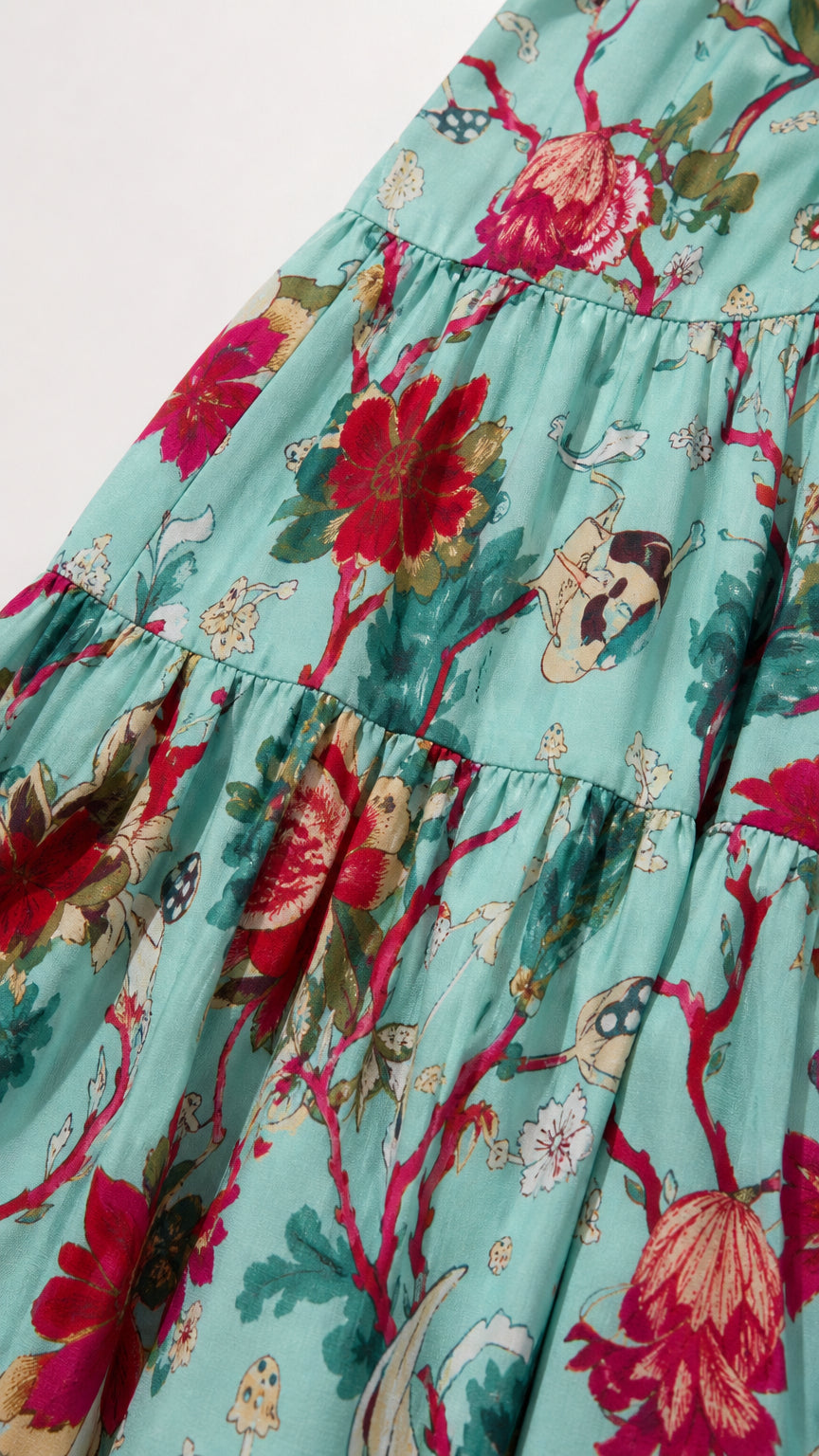 Close-up of fabric pattern and tiered hem