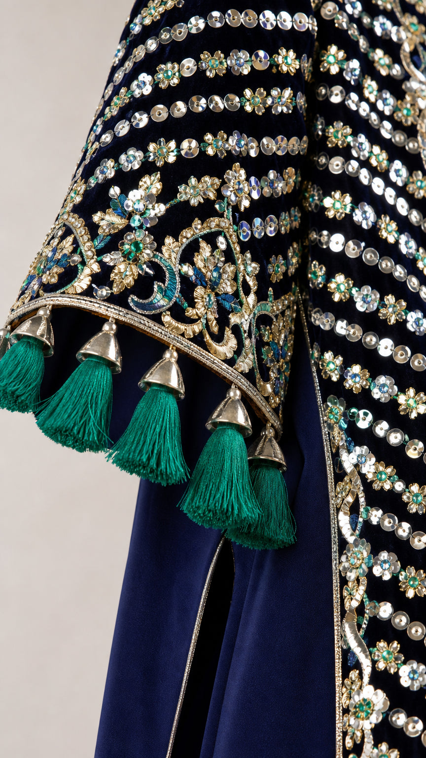 Close-up of intricate sequin embroidery and bell tassel cuffs