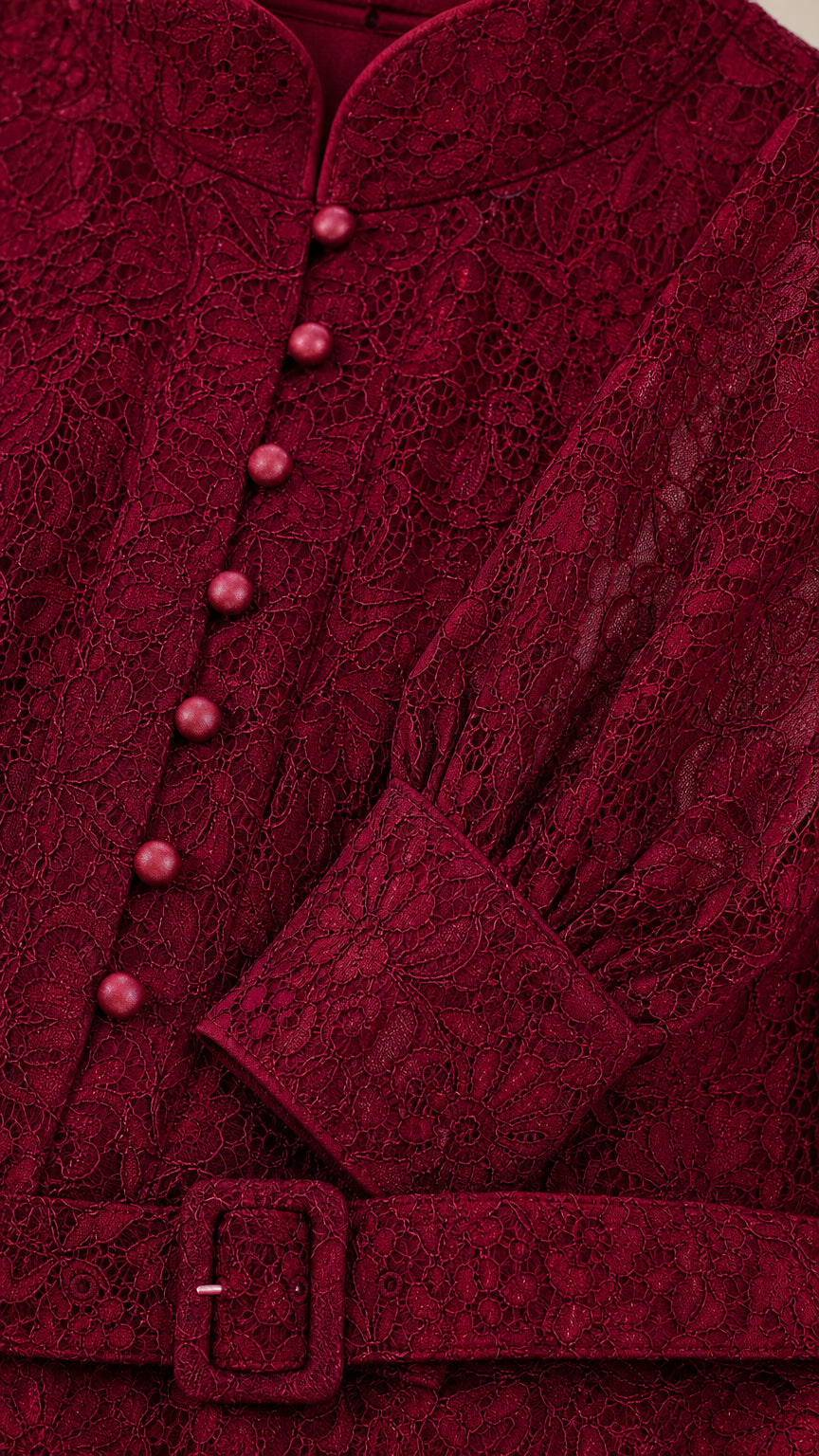 Close-up detail of Burgundy lace fabric, covered buttons, and belted waist