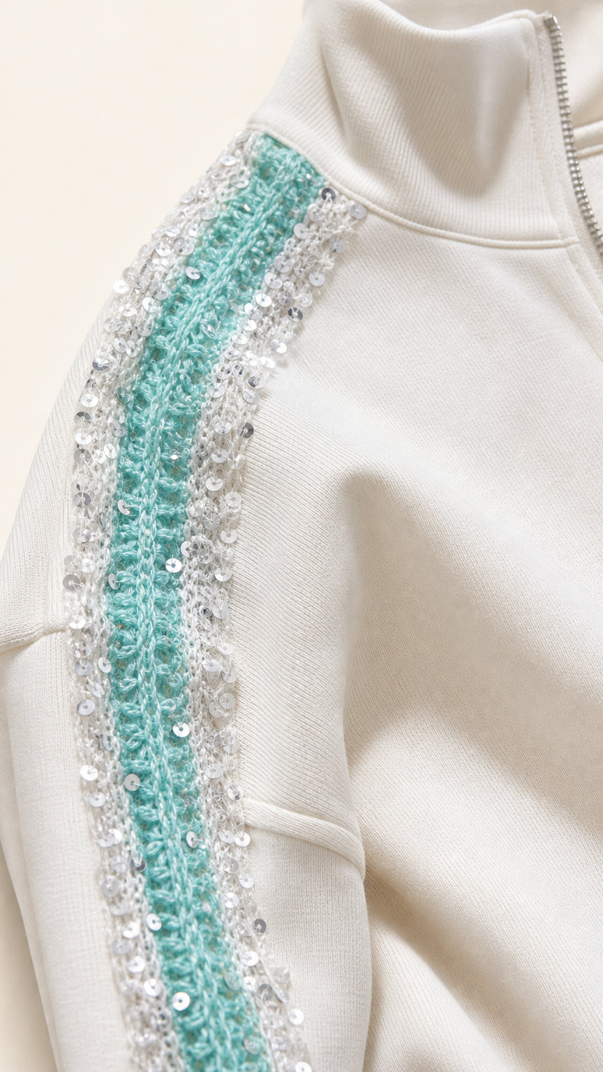 Close-up detail of aqua crochet and silver sequin stripe on jacket sleeve