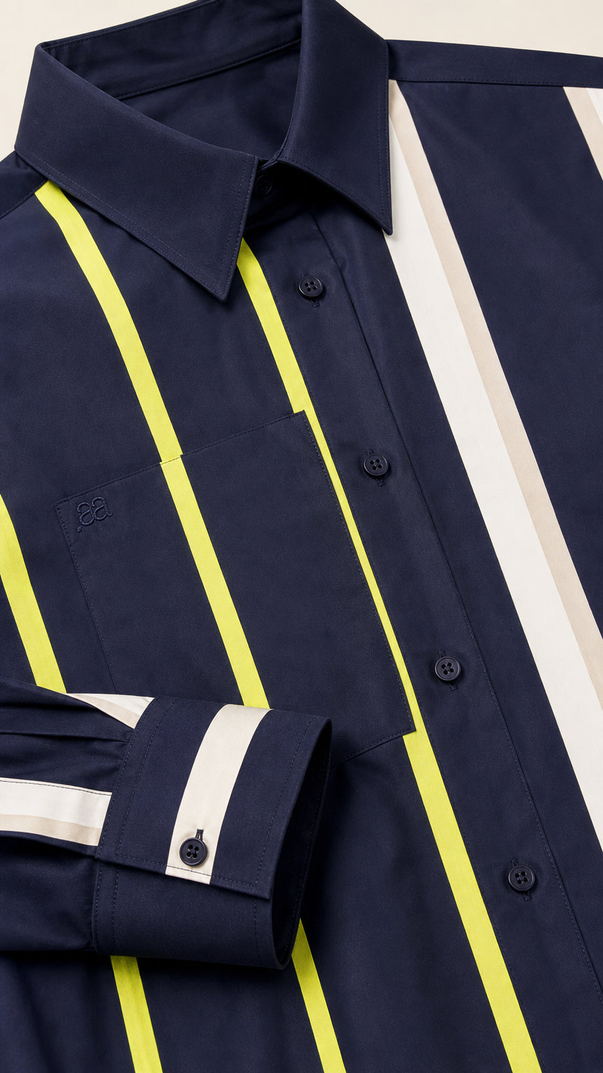 Close-up detail of Navy striped shirt dress collar and cuff