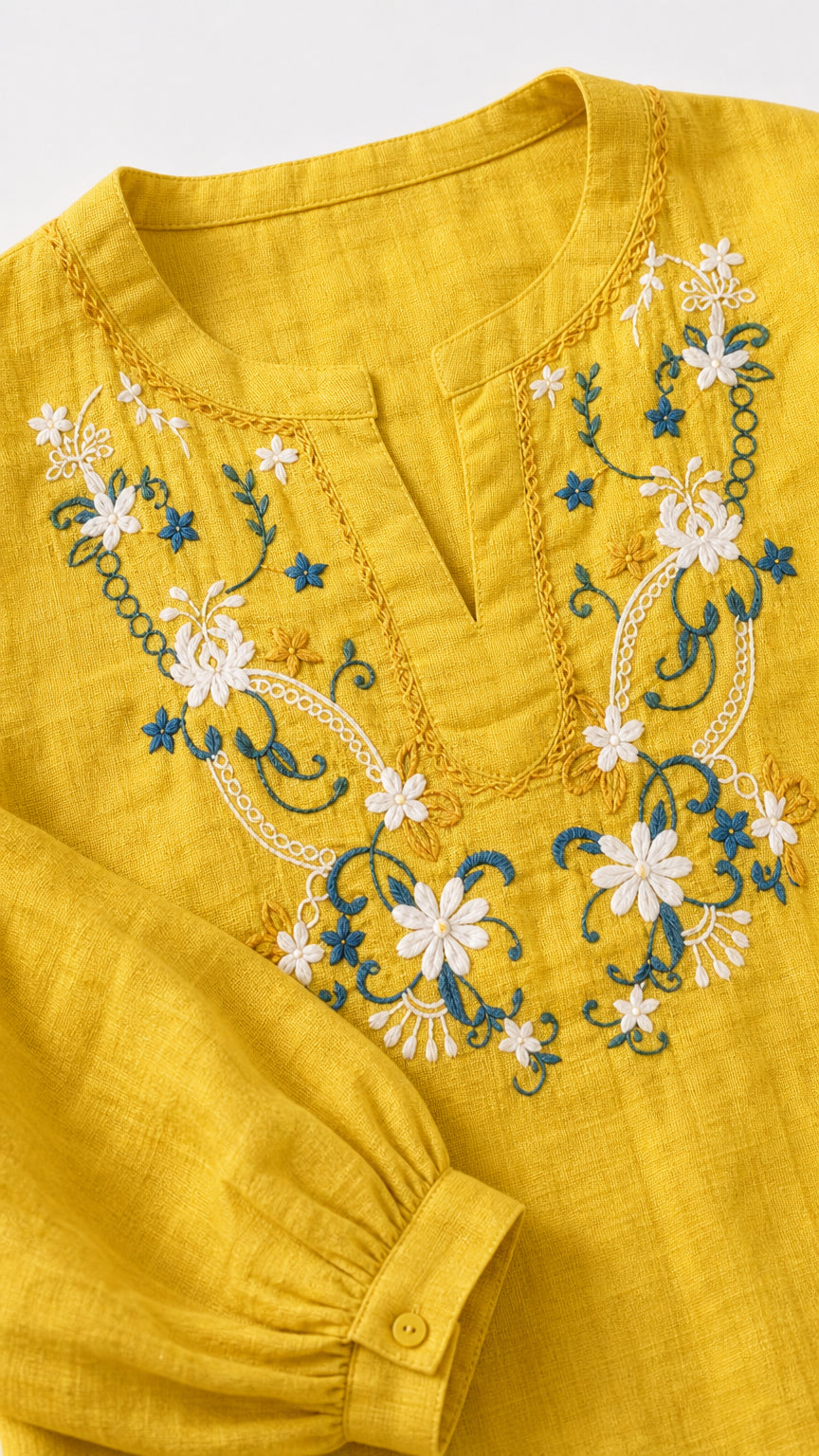 Close-up detail of floral embroidery on yellow top