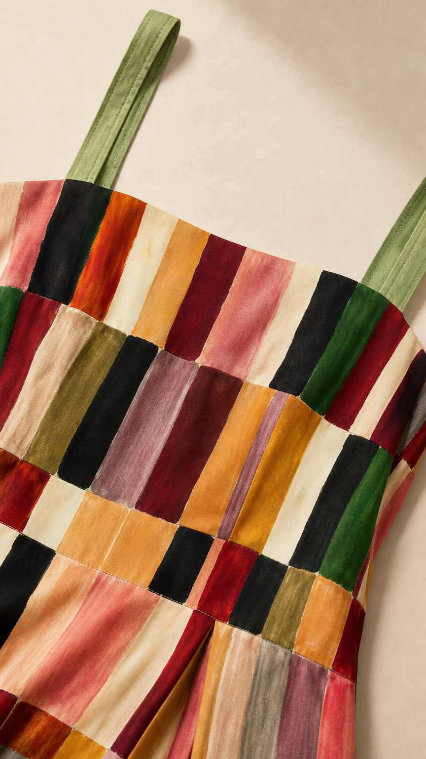 Close-up detail of square neckline, wide green shoulder straps, and colorful velvet-texture patchwork pattern