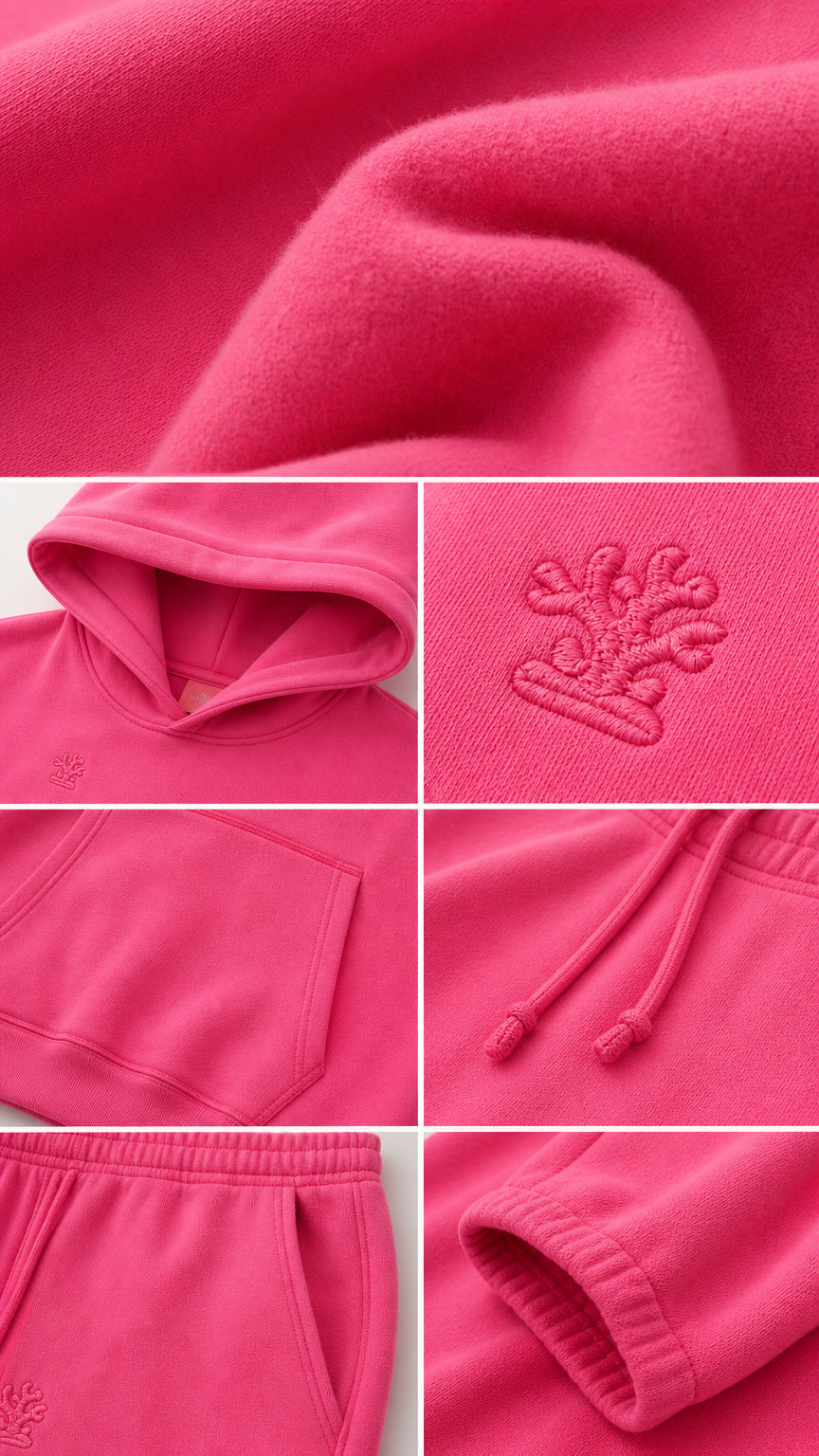 Close-up details of fleece interior texture, hood, pocket, drawstring, and embroidery