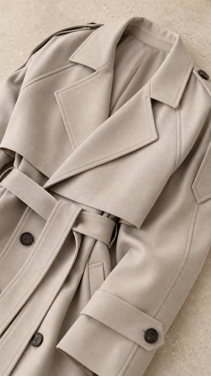 Close-up flat lay detail of light grey trench coat lapel, buttons, and fabric texture