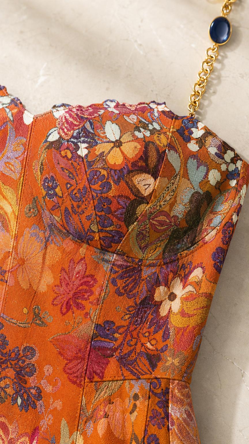Close-up detail of sweetheart neckline and floral jacquard pattern