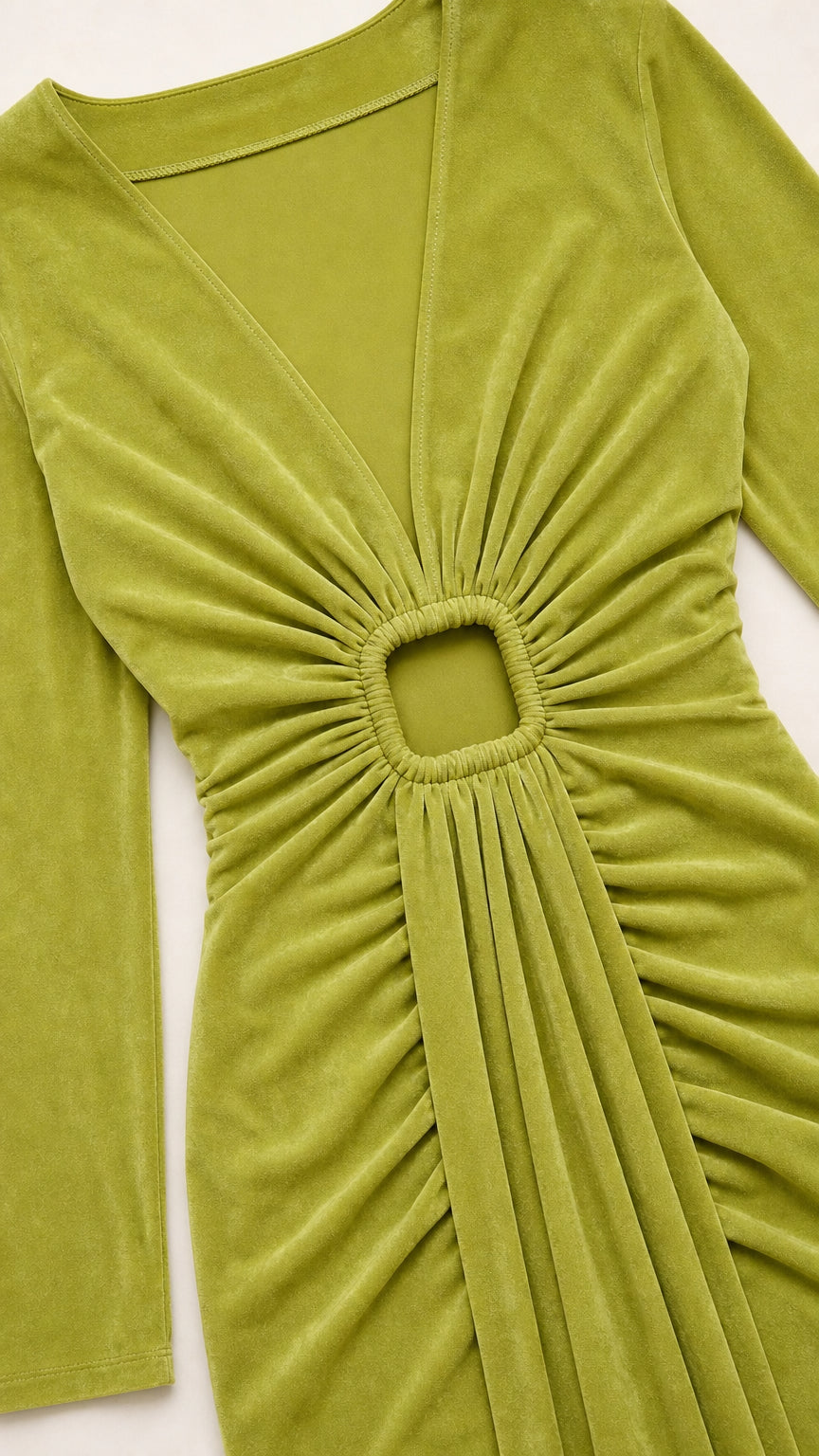Close-up detail of Olive Green velvet dress featuring V-neck and ring cutout pleats