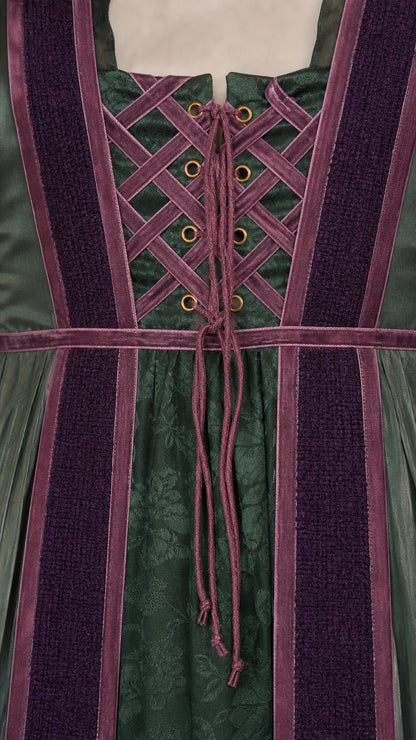 Close-up of lace-up corset bodice and velvet trim