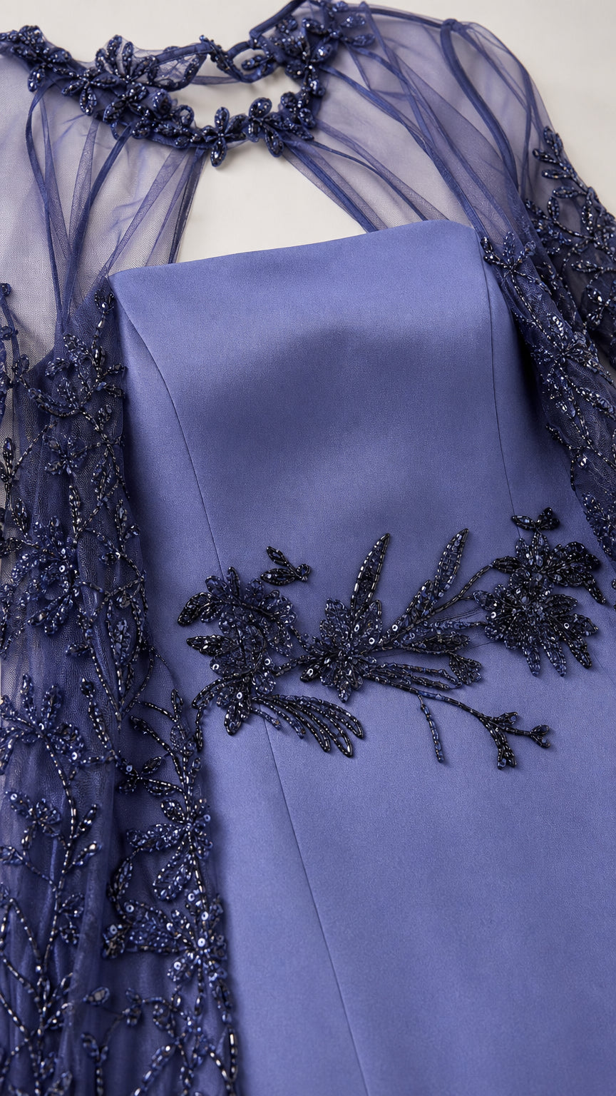 Close-up of straight neckline and floral beadwork