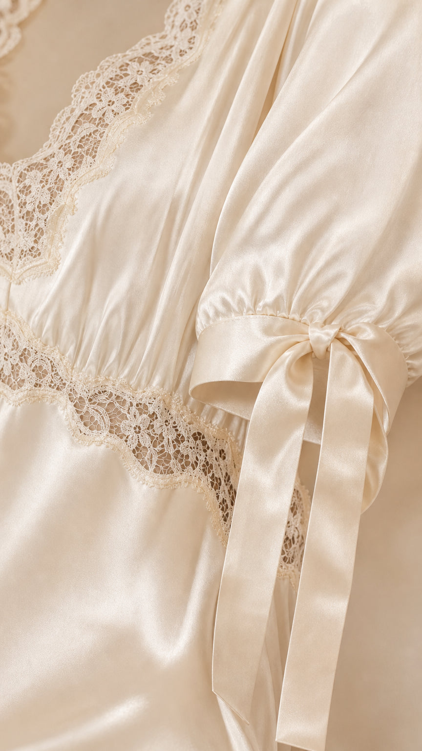Close-up detail of lace trim and bow-tie sleeve on Champagne dress