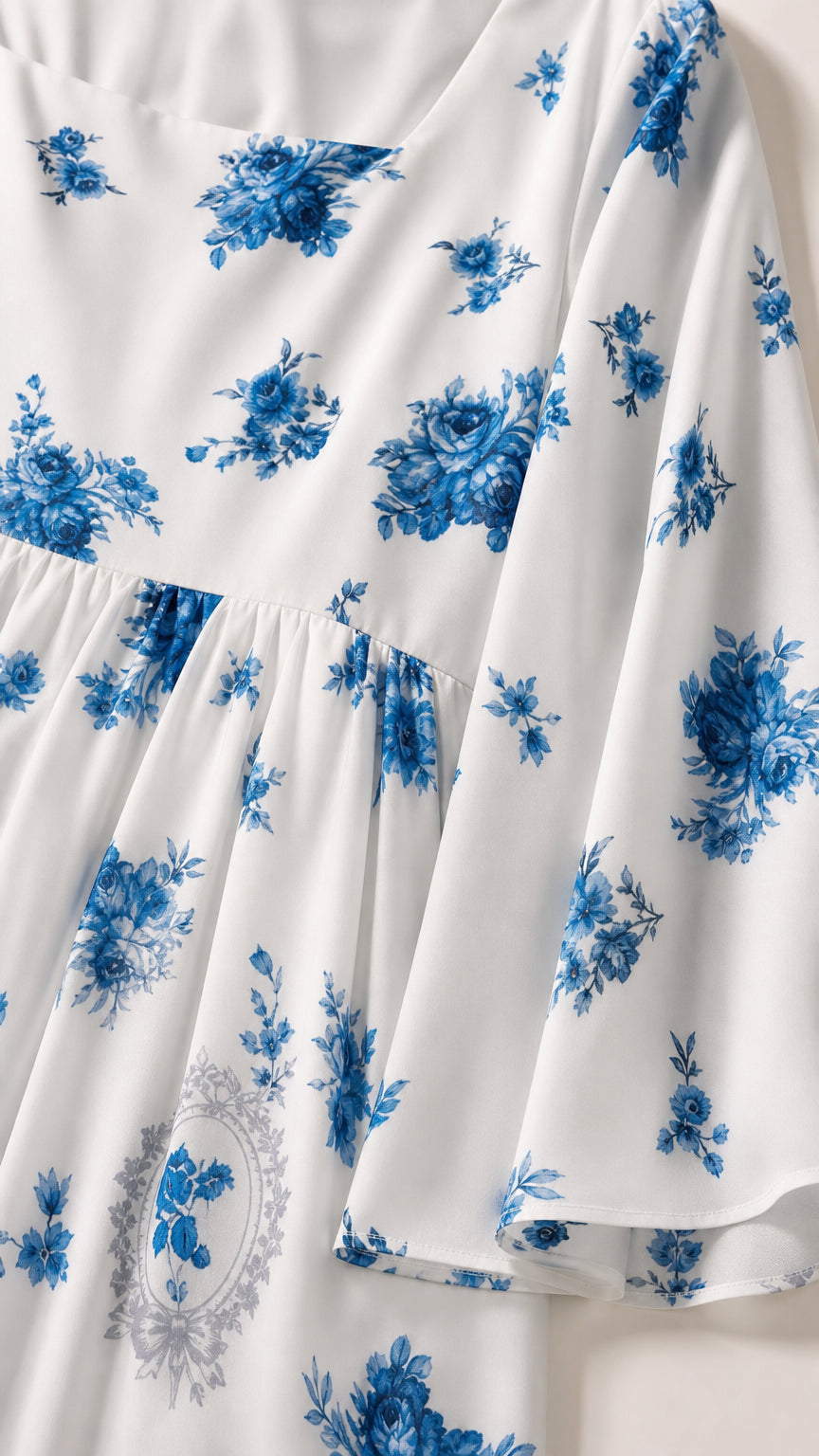 Close-up detail of white and blue floral print fabric and square neckline