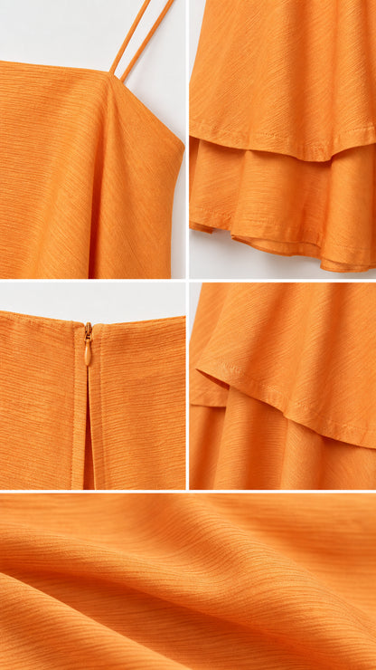 Detailed close-ups of orange dress straps, tiers, zipper, and fabric texture