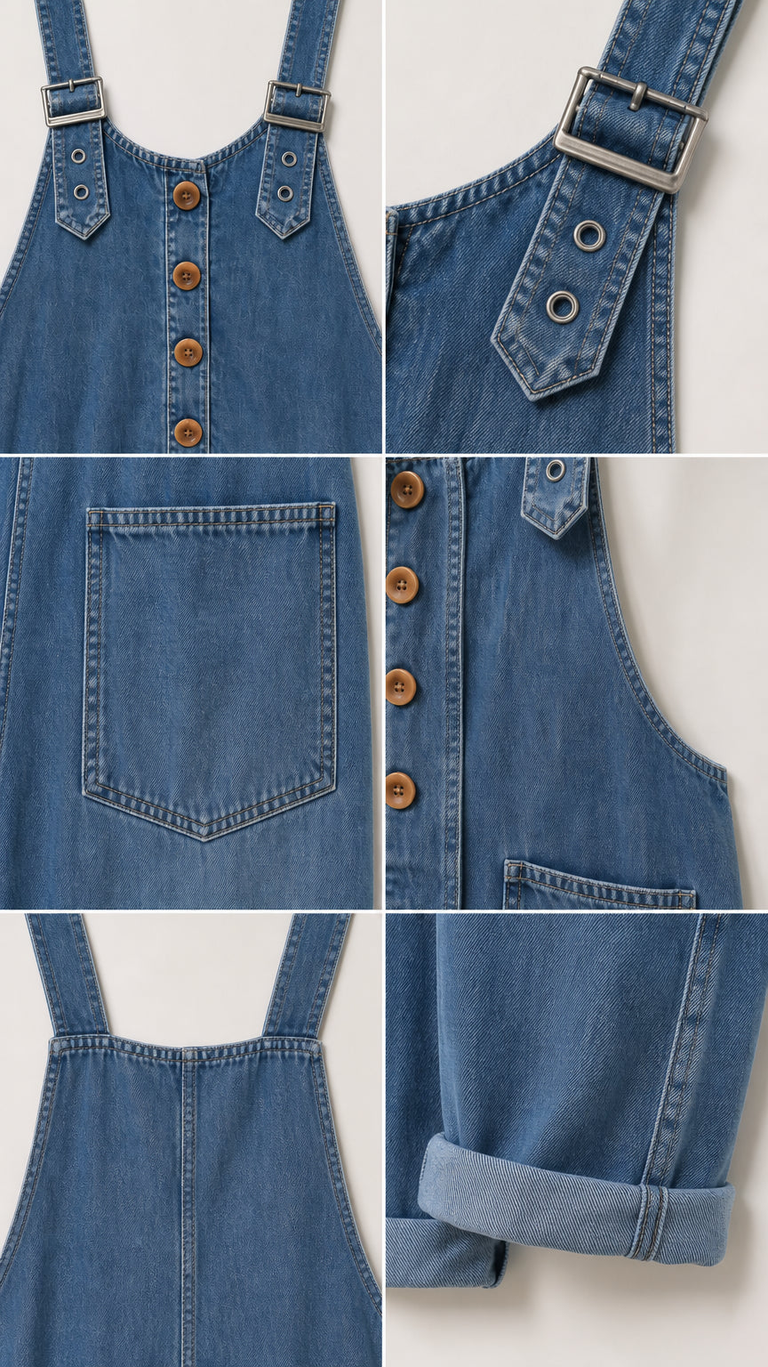 Close-up details of buttons, pockets, straps, and cuffs on denim overalls