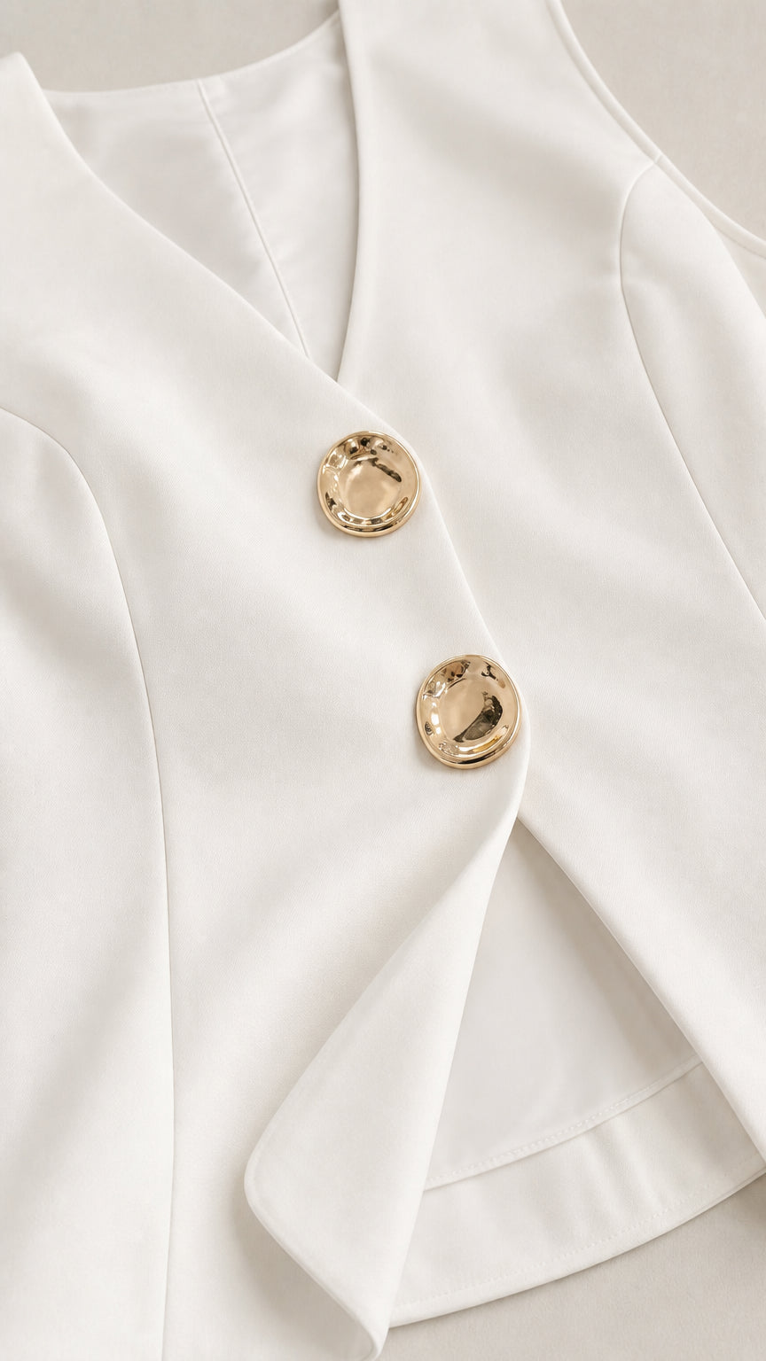 Close-up detail of white vest with gold buttons