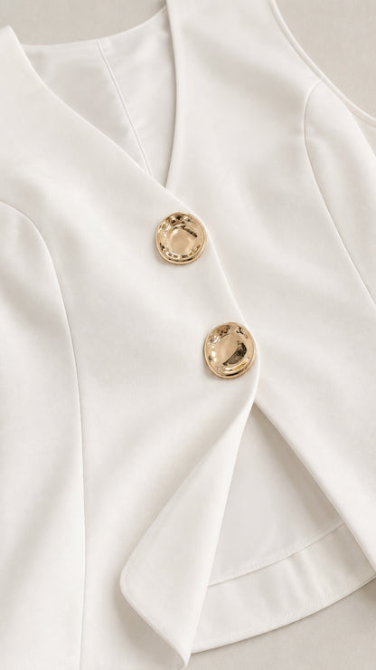 Close-up detail of white vest with gold buttons