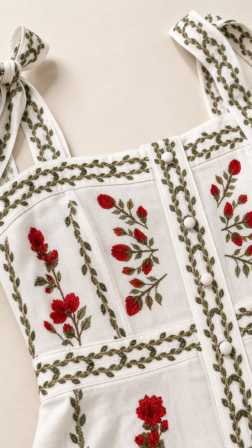 Close-up detail of square neckline, buttons, and floral embroidery