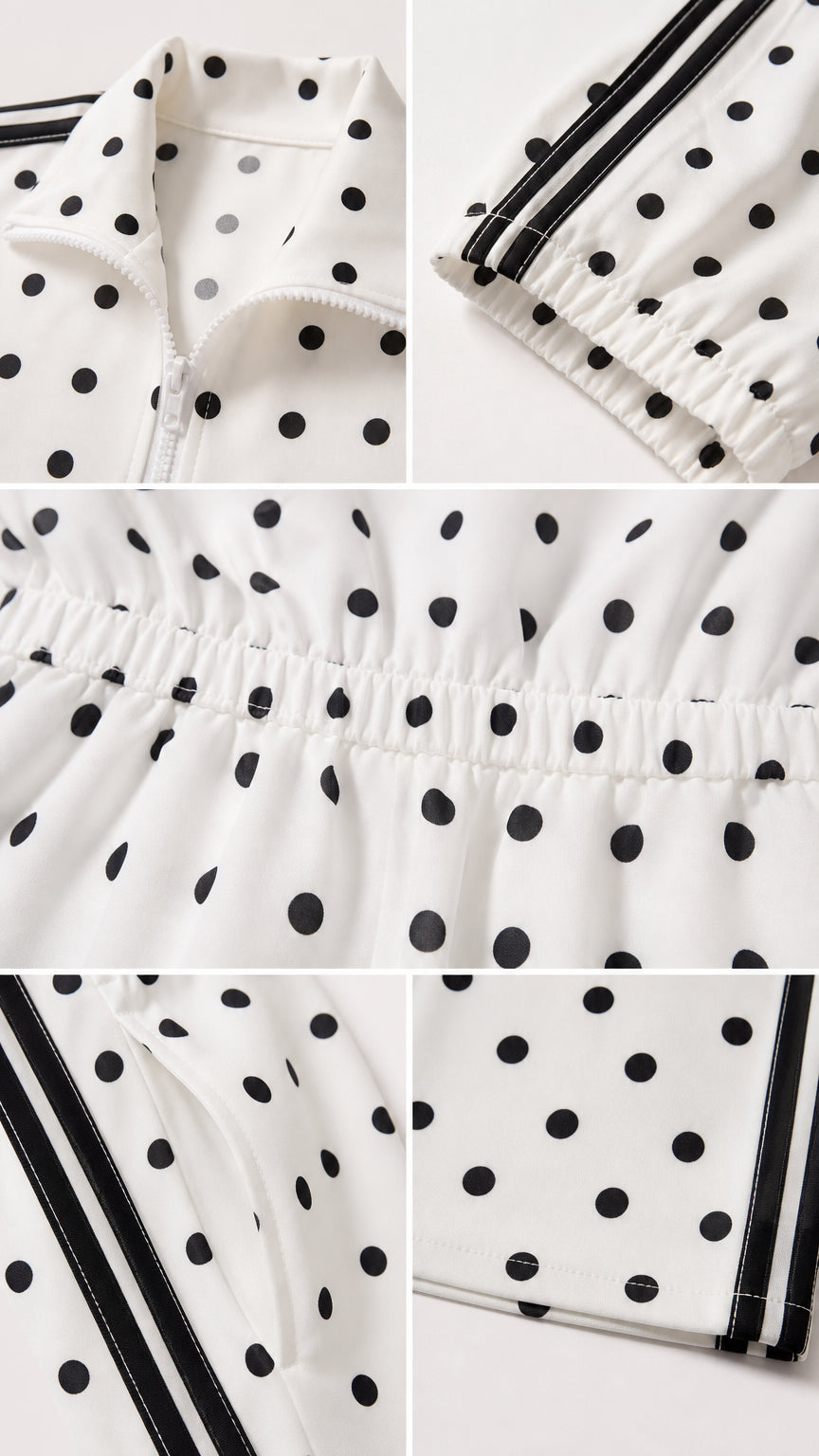 Close-up details of collar, zipper, elastic waistband, and side stripes
