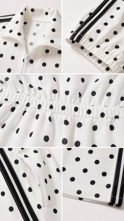 Close-up details of collar, zipper, elastic waistband, and side stripes