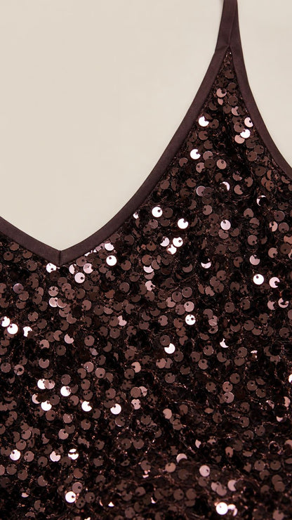 Close-up detail of dark brown sequin fabric and V-neckline