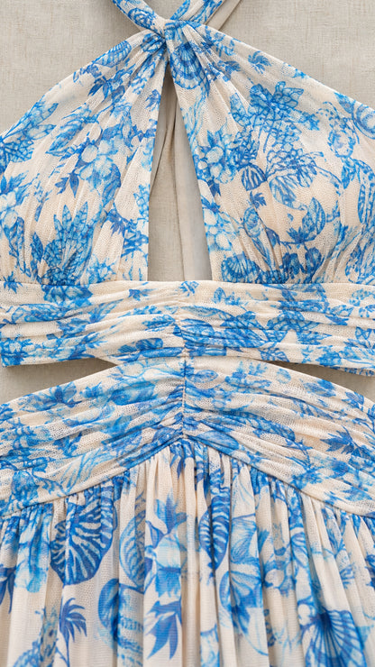 Close-up detail of the ruched bodice and waist cutout on Sky Blue floral maxi dress