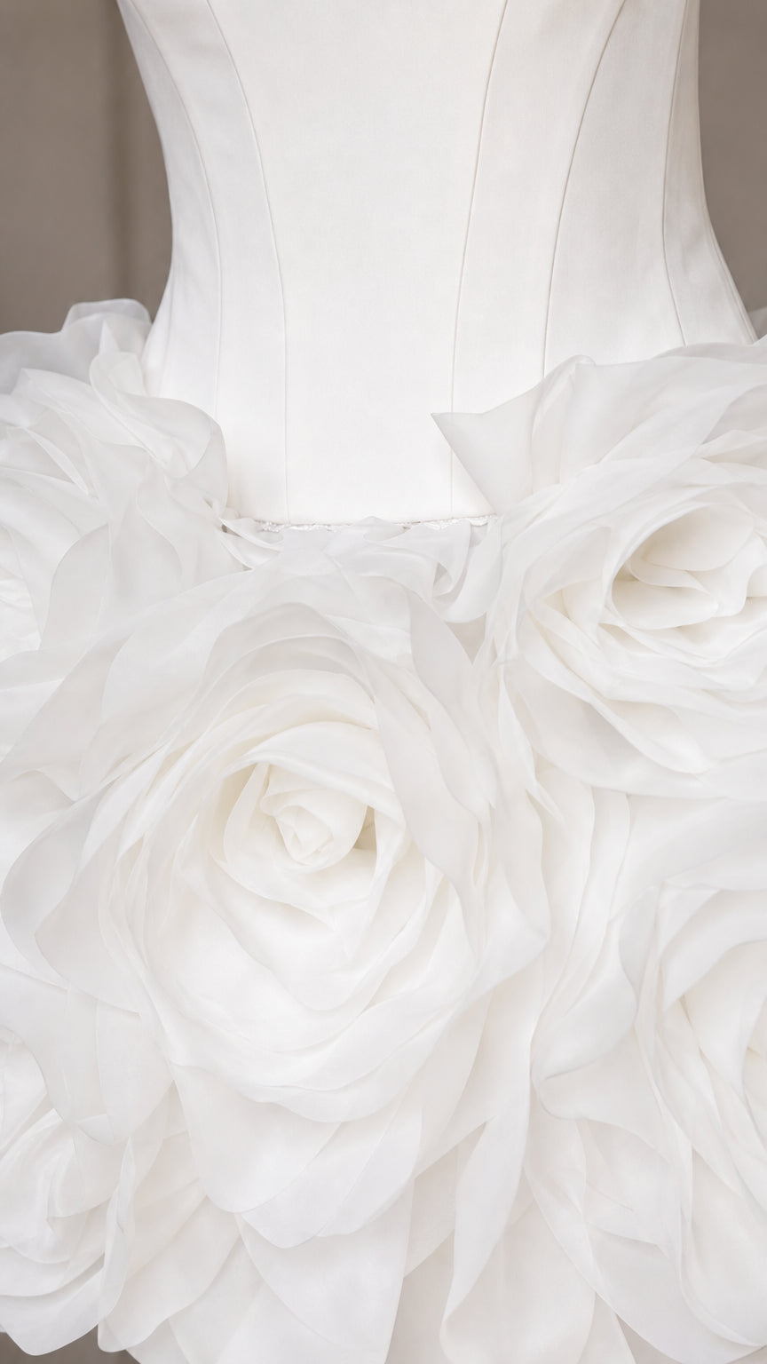 Close-up detail of 3d floral rosette skirt appliques