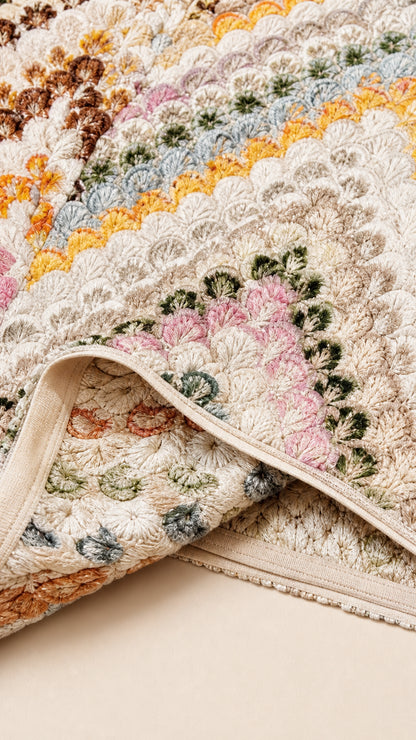 Close-up detail of the textured multi-color chevron knit fabric