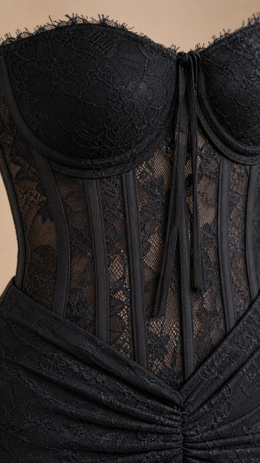 Close up of structured lace boned corset bodice with eyelash lace trim