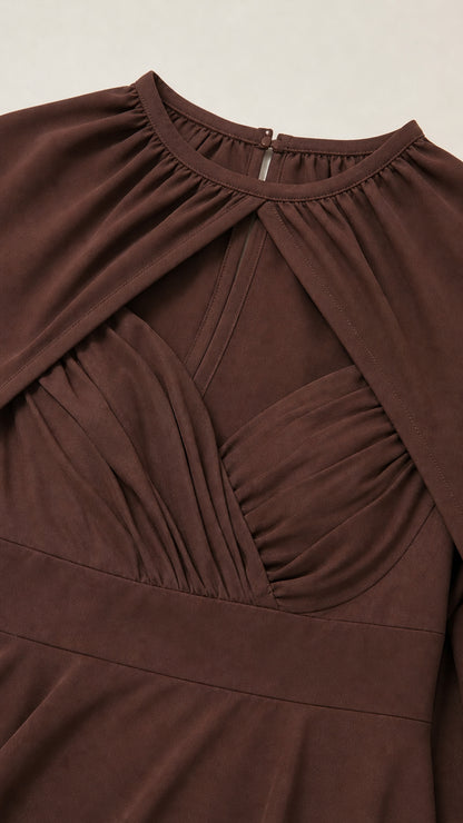 Close-up of pleated sweetheart bodice and cutout neckline