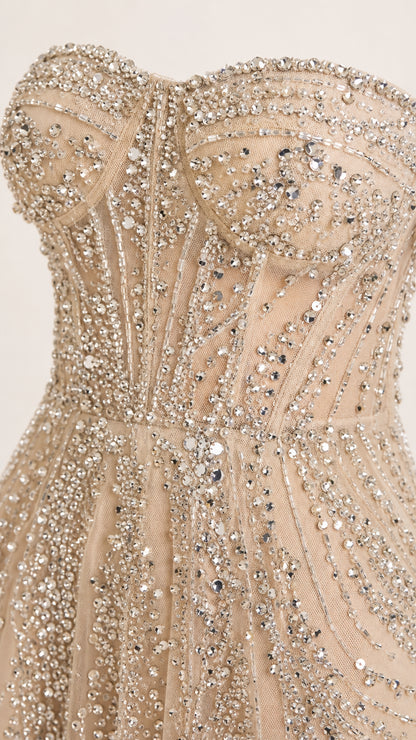 Close-up detail of crystal beaded corset bodice