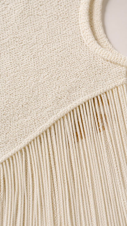 Close-up detail of the knit texture and fringe hem