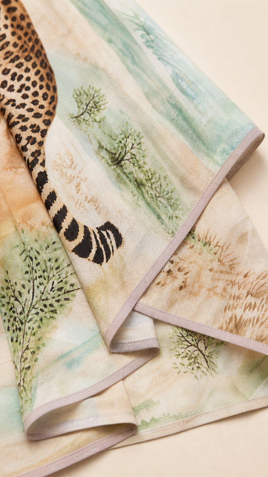 Close-up detail of leopard print fabric and trim