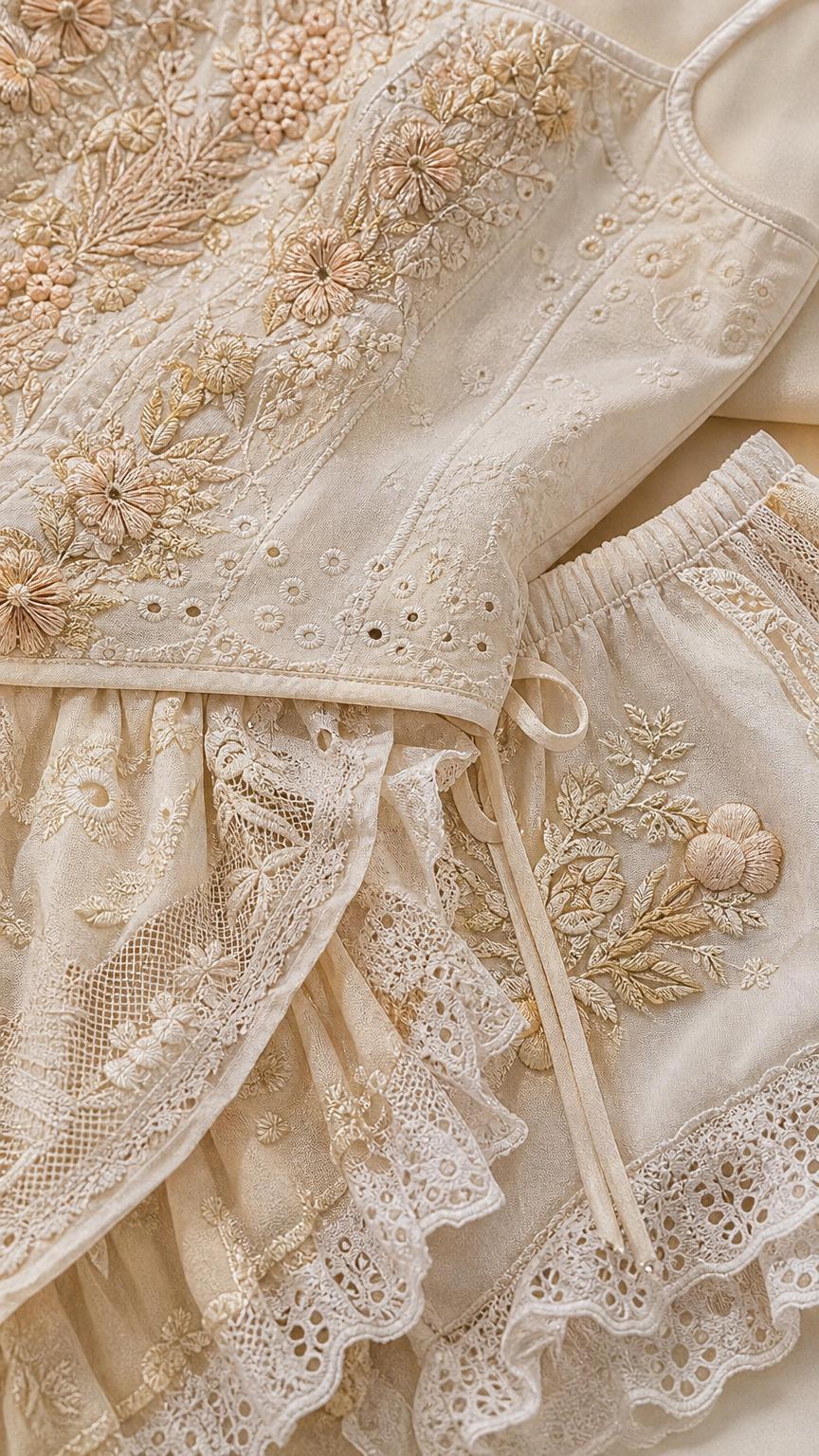 Close-up detail of embroidery and lace trim on the cream set