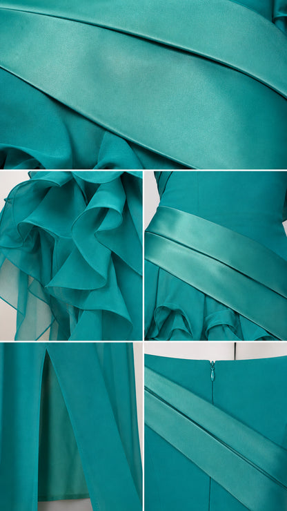 Detailed close-ups of satin trim, ruffles, slit, and zipper