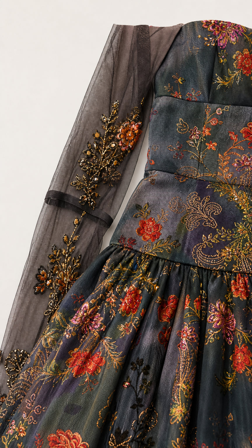 Close-up detail of embroidered sheer mesh sleeve and floral brocade fabric