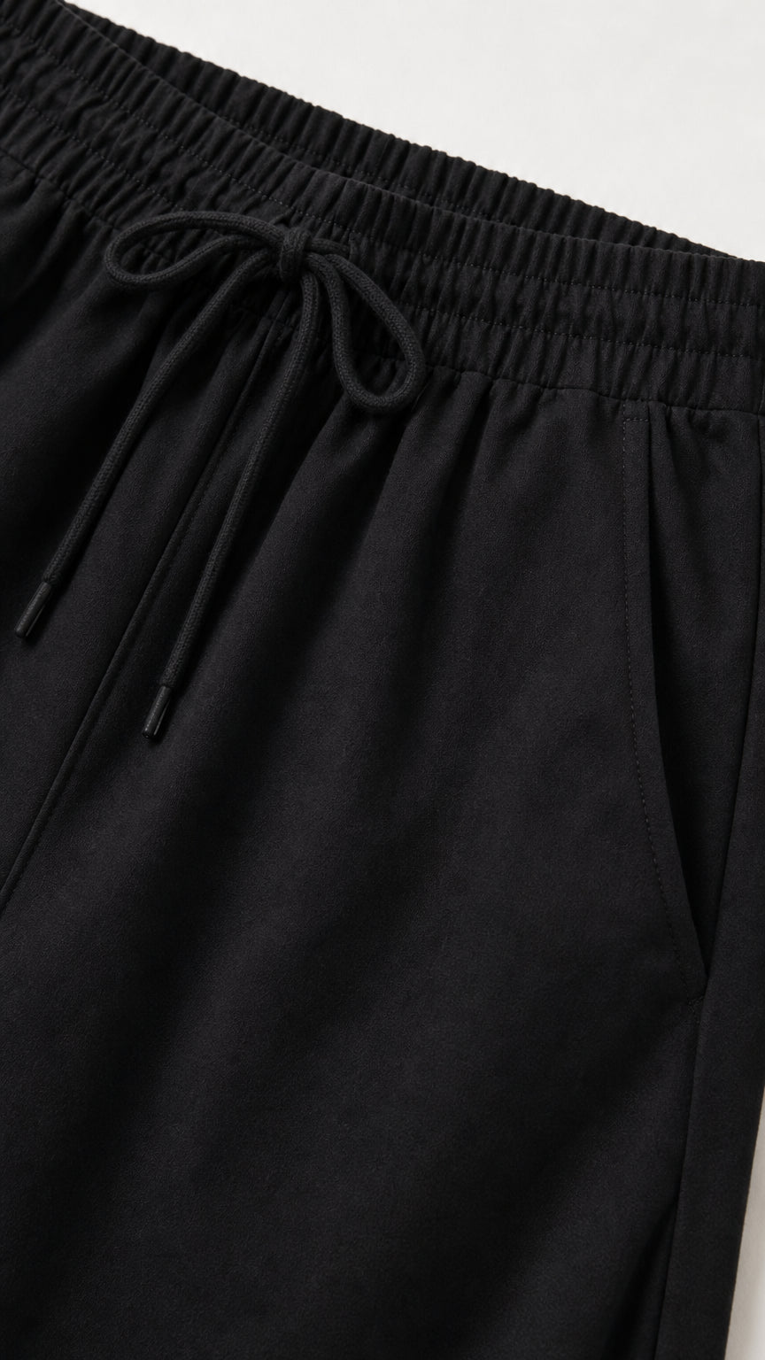 Close-up detail of gathered elastic waistband, matching drawstring, and side pocket on black pants