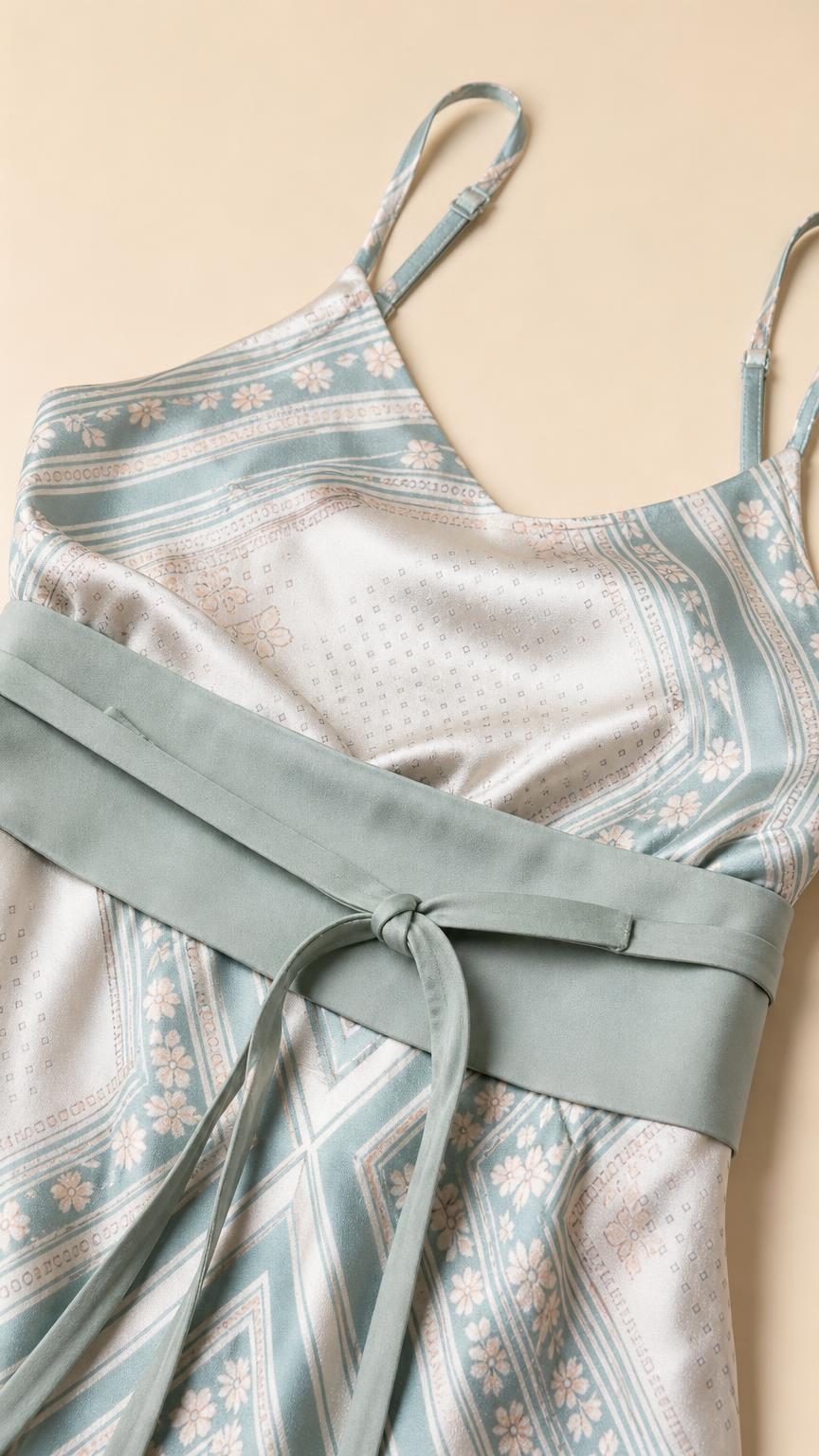 Close up of bodice and waist tie on Light Green satin dress