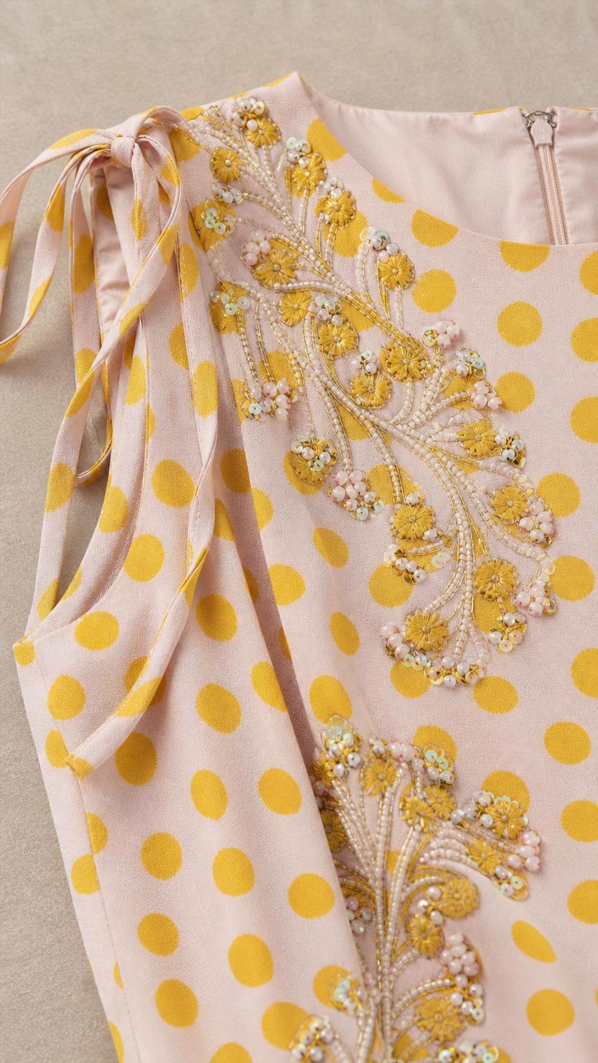 Close-up of shoulder tie and bodice embroidery on polka dot dress