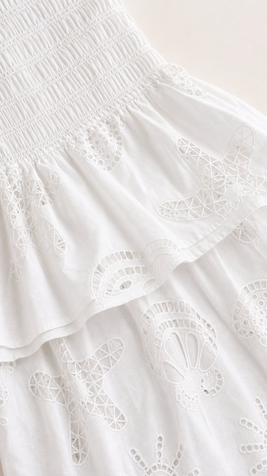 Close-up detail of smocked bodice and embroidered fabric on white dress