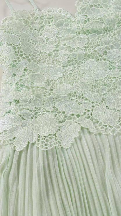 Close-up detail of mint floral lace bodice