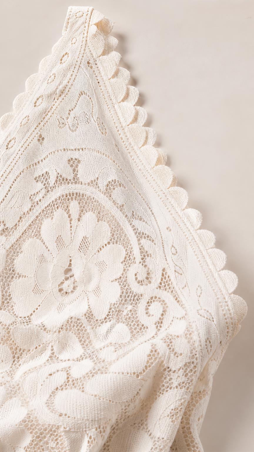 Close-up detail of textured floral lace fabric and scalloped trim