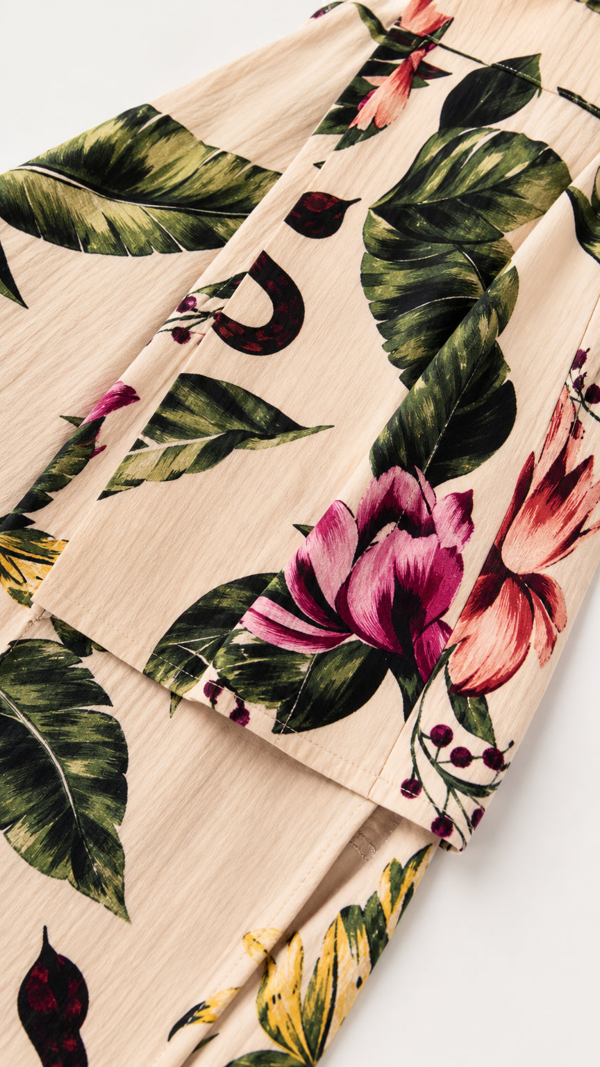 Close up fabric and print detail of beige set