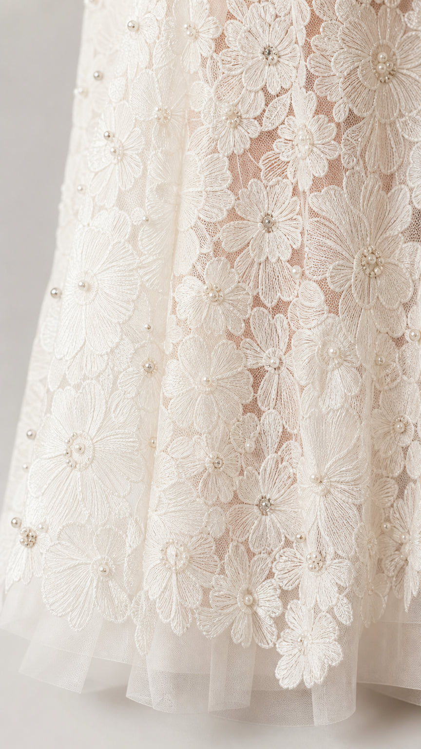 Close-up of floral lace pattern and bead details