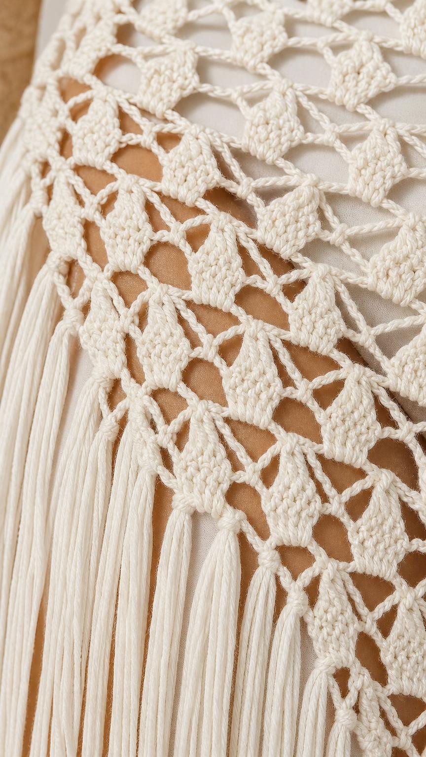 Close-up detail of white crochet pattern and fringe hem